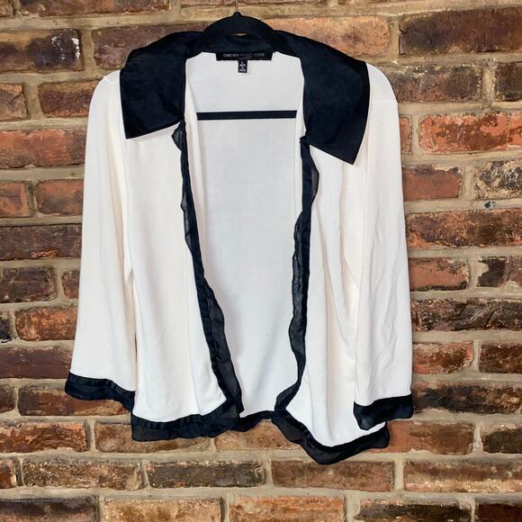 Carmen Marc Valvo Cream Black Silk Trim Cardigan Sweater Women's Size Large - Picture 1 of 6